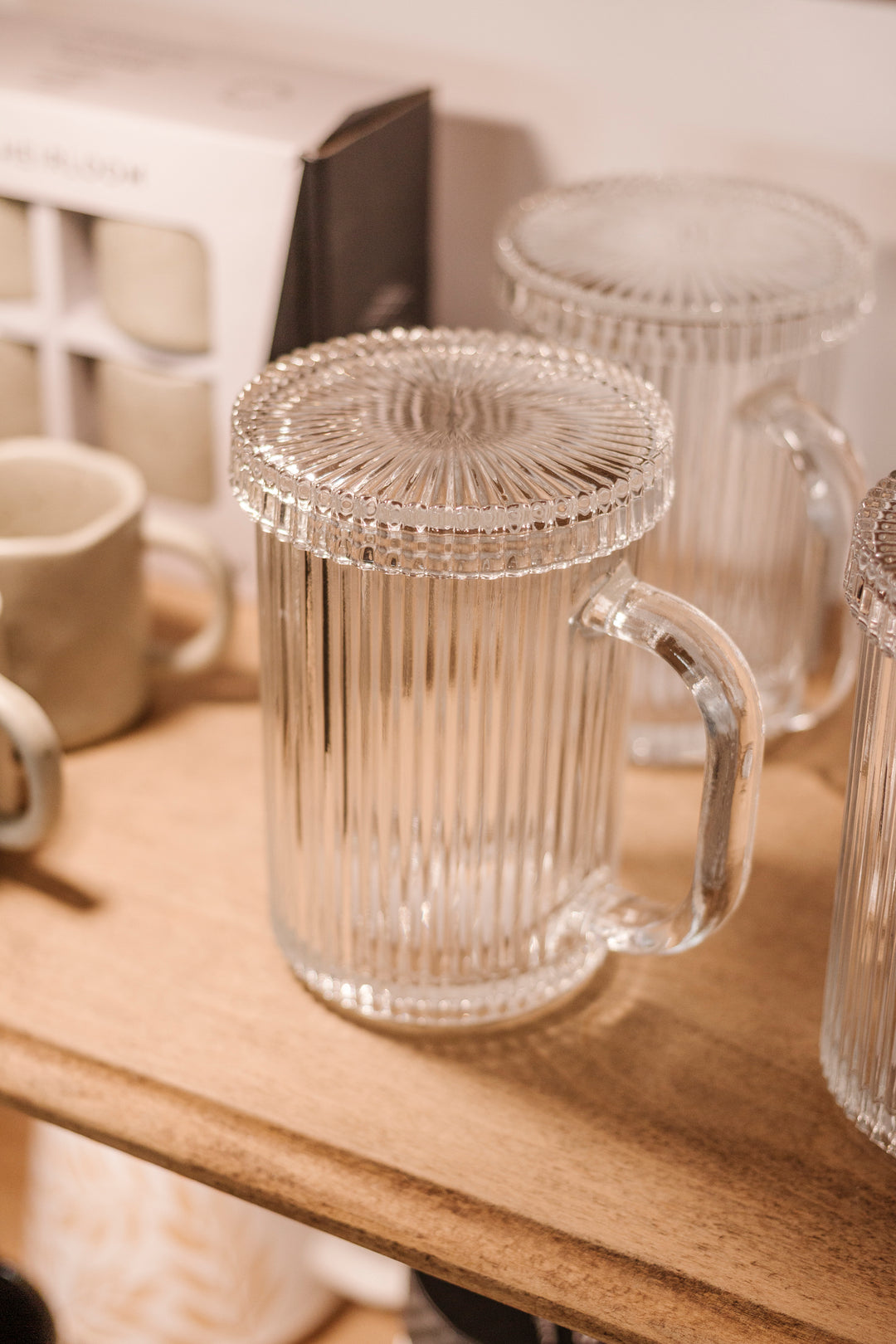 Clear Ribbed Glass Mug with Lid