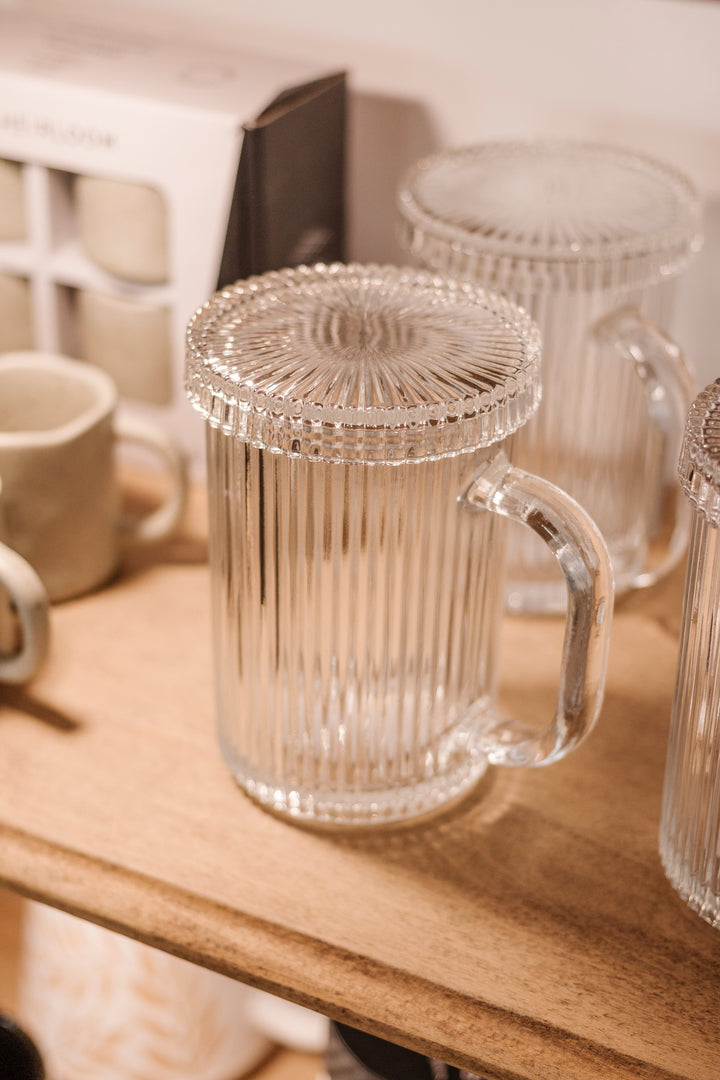 Clear Ribbed Glass Mug with Lid
