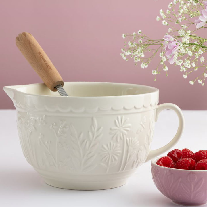 Cream Embossed Batter Bowl with Handle