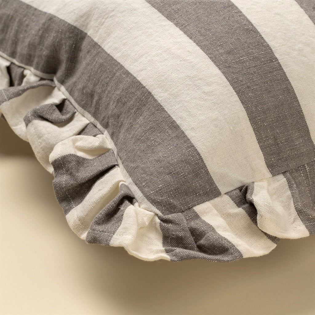 Grey Ruffle Stripe Cotton Linen Pillow