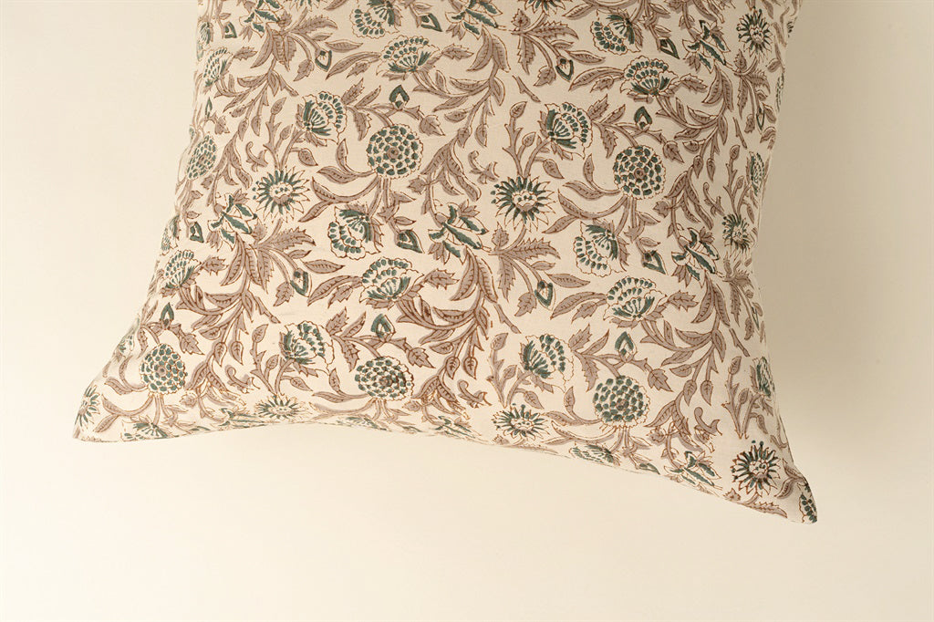 Golden Floral Block Print Cotton Pillow