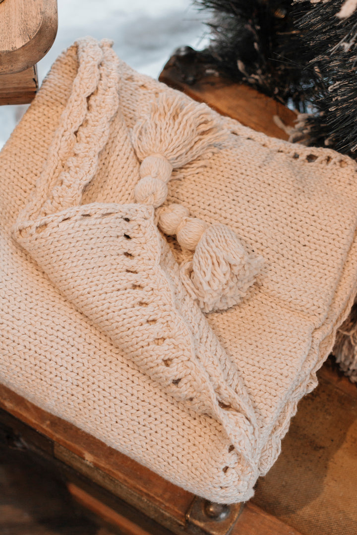 Beige Knit Throw with Tassels