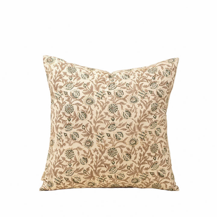 Golden Floral Block Print Cotton Pillow