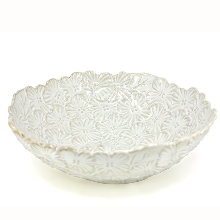 White Textured Floral Serving Bowl