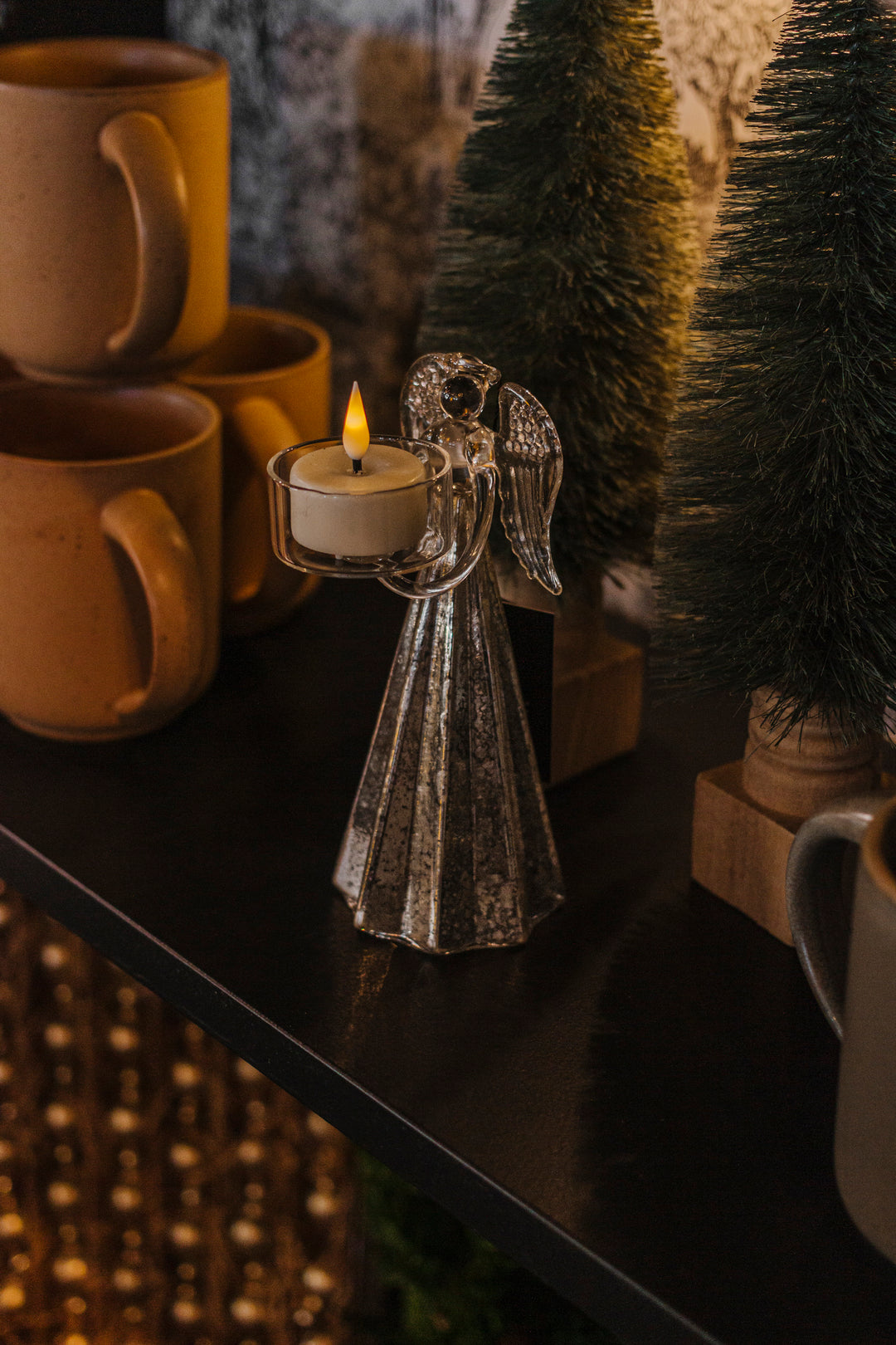 Silver Mercury Glass Angel Candle Holder