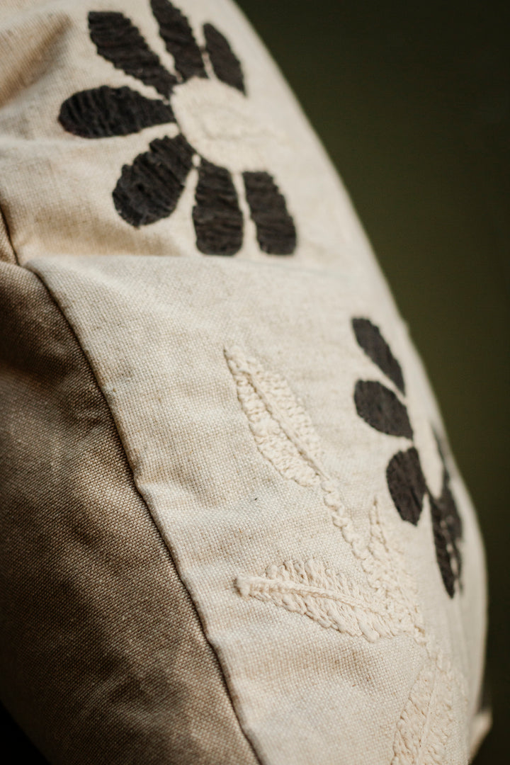 Charcoal Embroidered Petal Pillow