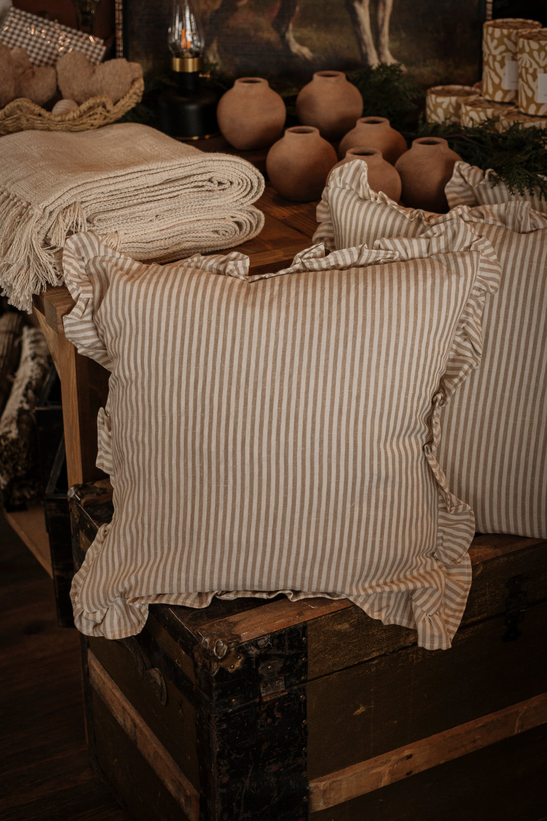 Ruffle Stripe Pillow · Beige