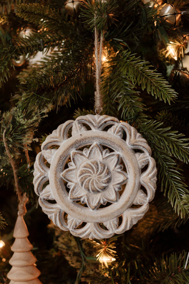 White Washed Wood Mandala Ornament