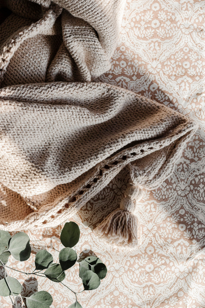 Beige Knit Throw with Tassels