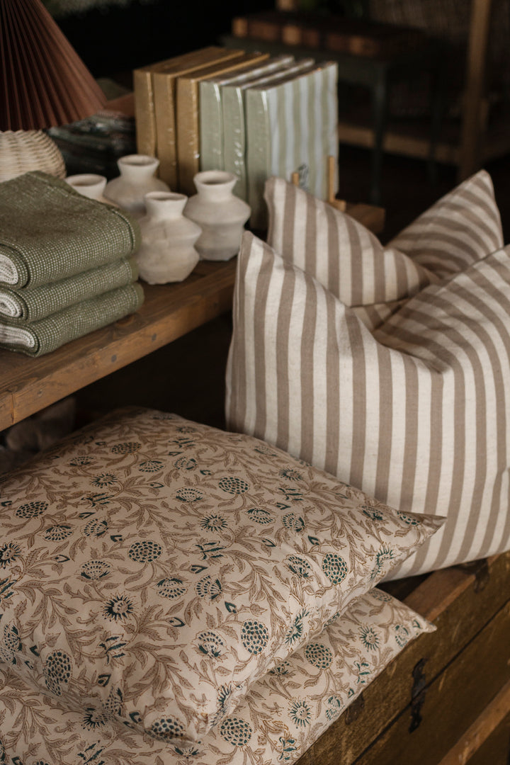 Golden Floral Block Print Cotton Pillow