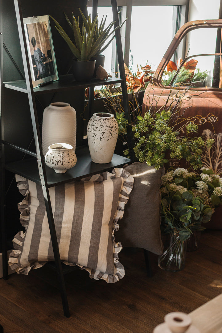 Grey Ruffle Stripe Cotton Linen Pillow