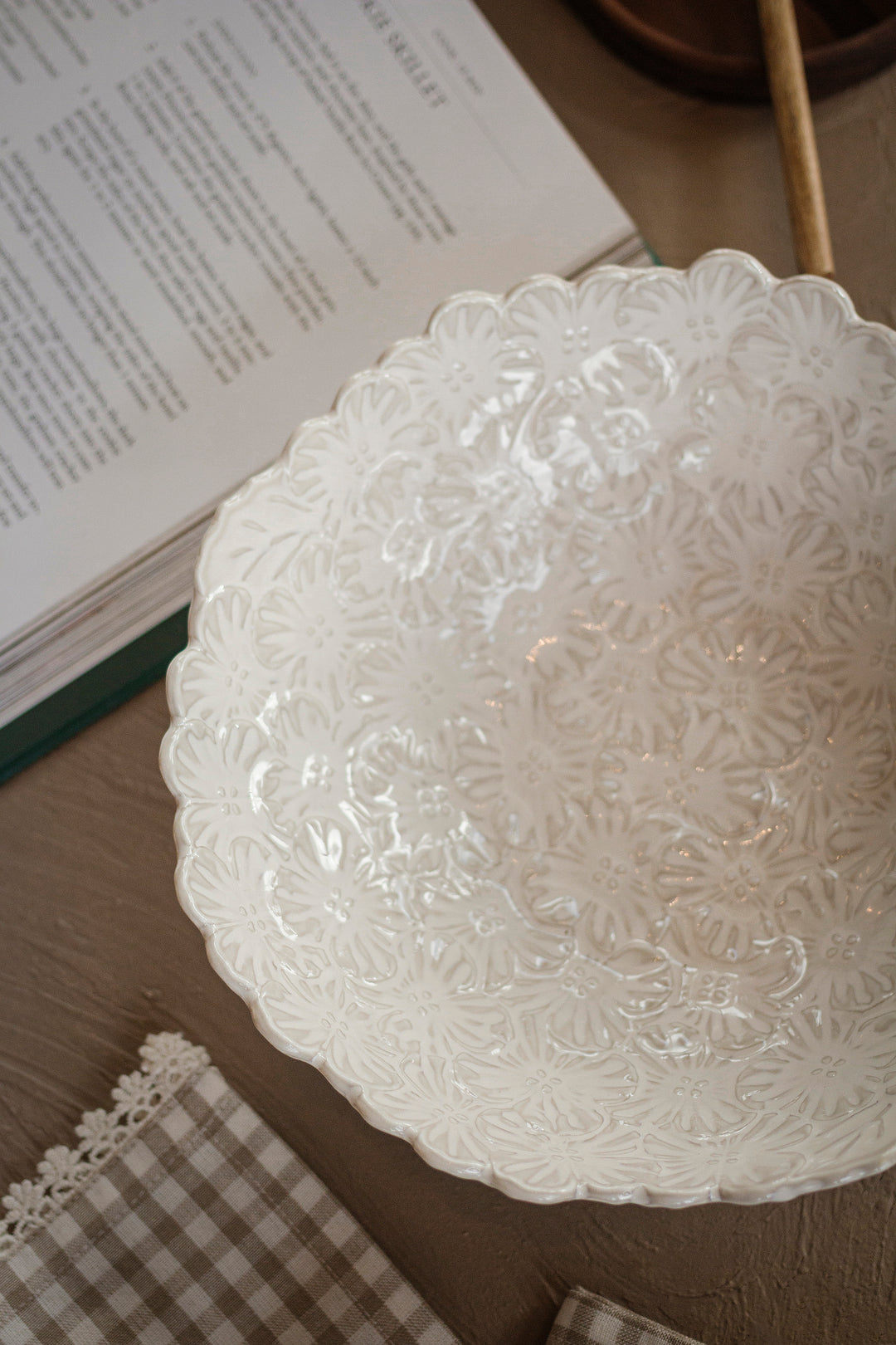 White Textured Floral Serving Bowl