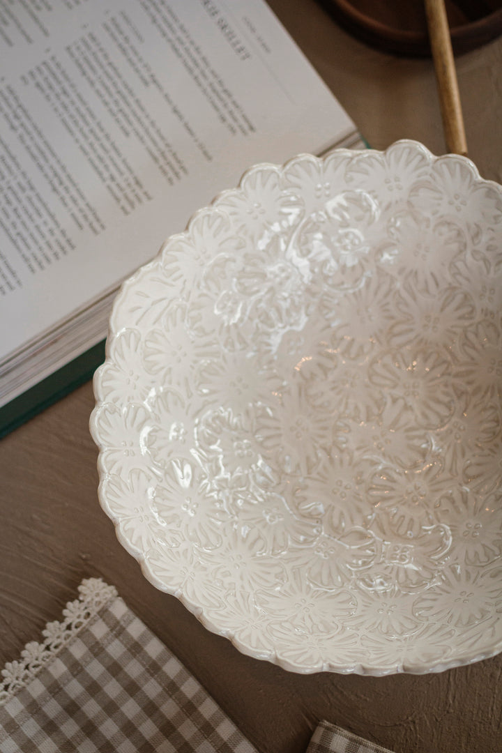 White Textured Floral Serving Bowl