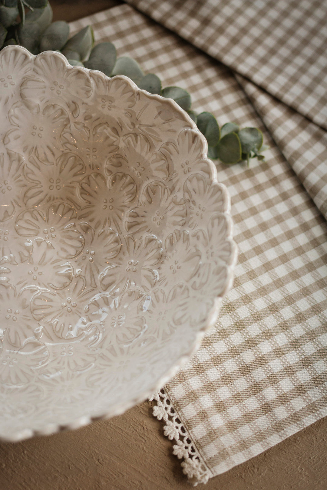 White Textured Floral Serving Bowl