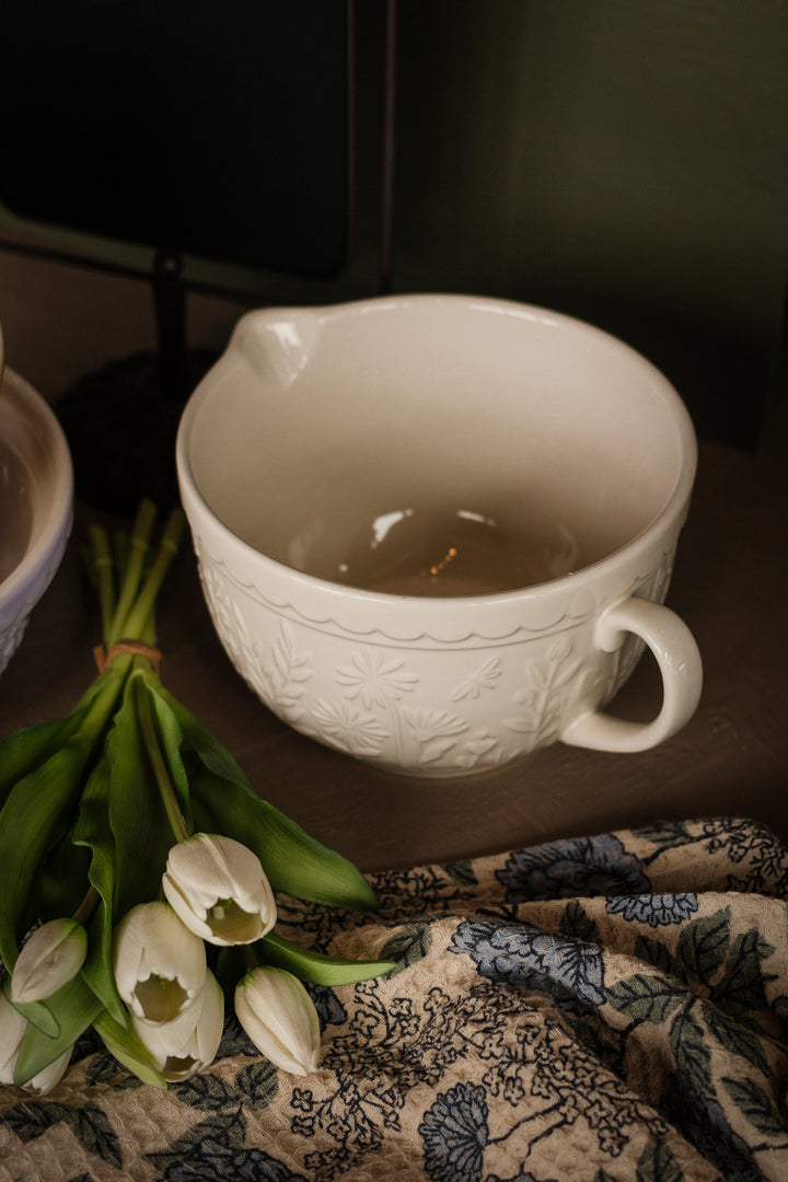 Cream Embossed Batter Bowl with Handle