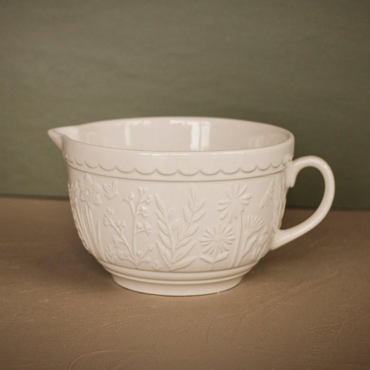 Cream Embossed Batter Bowl with Handle