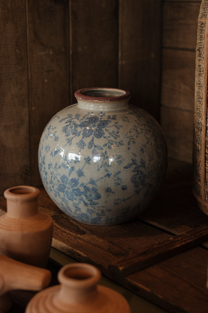 Blue Floral Round Stoneware Vase