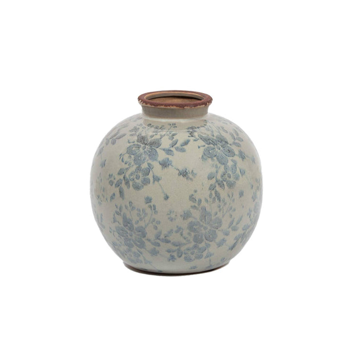 Blue Floral Round Stoneware Vase