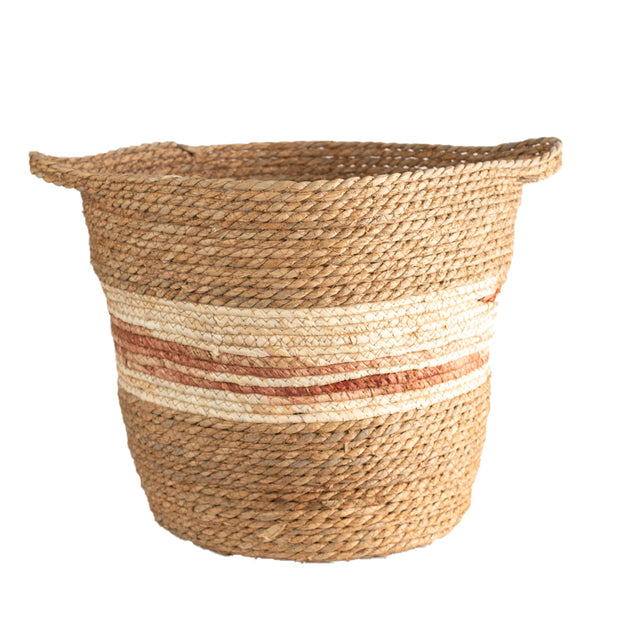 Natural Woven Straw Basket with Stripe